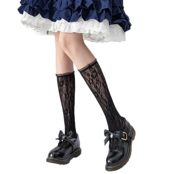 Sexy nėrinių didelio kelio kojinės ilgos kojinės moterims Japonijos Black Lolita Aukštos elastinės kojinės Kawaii kojinės