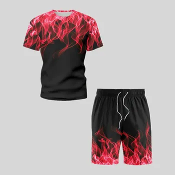 Vasaros vyriškų Nustatyti 3D Liepsna T-Shirt Harajuku Atsitiktinis Marškinėliai Poroms Streetwear 2021 Nauja Madinga Trumpas Rankovės + Šortai Kostiumas Paplūdimio