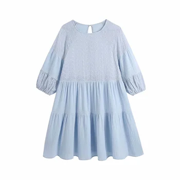ZA 2021 ažūrinės figūrinių Siuvinėti Mini Suknelė Moterims Vasaros Apvalios Kaklo Ilgio Sluoksniuotos Rankovėmis Suknelės Blue Back Mygtuką, Pynimas Hem Moteris Suknelė