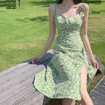 Korėjos Sweet Pink Daisy Dirželis Suknelė Elegantiškas Dizaineris Seksualus Žalia Spausdinti Padalinta Suknelė Moterims Holiday Beach Gėlių Suknelė Vasaros 2021