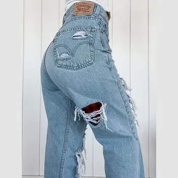 Streetwear Kankina Džinsai, Kelnės Moterims, Atsitiktinis Kankina Raudonas Pledas Kutas Mados Džinsus, Kelnės рваные джинсы для женщин