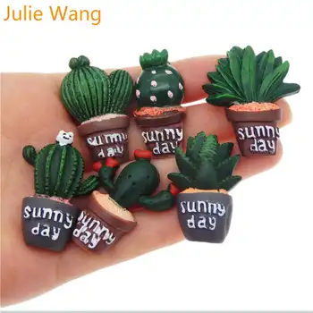 Julie Wang 6PCS Dervos Kaktusas Flatback Žalia Vazoninių Augalų Cabochon Pakabukai Saulėtą Dieną Pakabukas Papuošalai Priėmimo Aksesuaras Telefono Dekoras