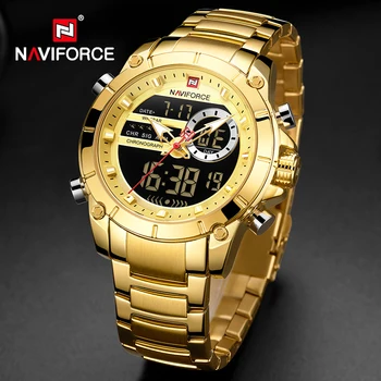 NAVIFORCE vyriški Laikrodžiai 2021 Luxury Gold Dvigubas Ekranas Skaitmeninis Sporto Kvarco Riešo žiūrėti, Nerūdijančio Plieno, atsparus Vandeniui Analoginis Laikrodis