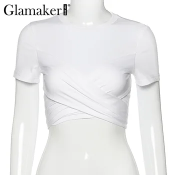 Glamaker Balta o kaklo trumpomis rankovėmis pasėlių viršuje Moterų vasaros mados moterų drabužiai marškinėliai Seksuali kryžiaus nėrinių viršūnės tee marškinėliai naujas