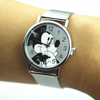 Animacinių filmų Moterų Mados Prekės ženklo Laikrodžiai Mickey Sidabro Lady Merginos studentų Kvarco Žiūrėti Nerūdijančio plieno Laikrodis reloj mujer