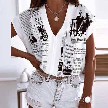 Retro Modelis Atspausdintas Moterims Palaidinės ir Viršūnių Pavasario V-Kaklo trumpomis Rankovėmis Office Lady Marškinėliai Megztinis Rudenį Prarasti Streetwear Blusa