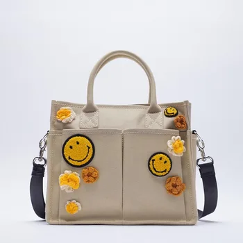 2021 naujas moterų maišas smėlio didelės talpos šypsena piktogramą apdailos drobė, pirkinių krepšys, rankinė, krepšys