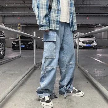 Vyriški vientisos Spalvos Tiesiai Haremas Džinsai korėjos Žmogus Laisvas Džinsinio audinio Kelnės Streetwear Vyriškos Laisvalaikio Kelnės