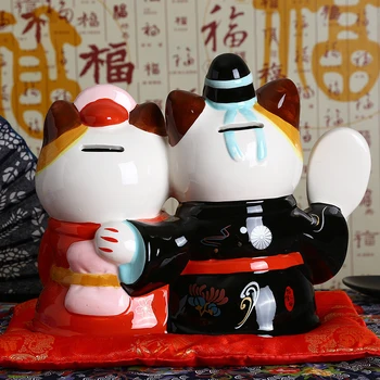 9 colių Vestuvių Maneki Neko Ornamentu Keramikos Pora Pasisekė Kačių Namų dekoro Dovana Feng Shui Piggy Bank Statulėlės