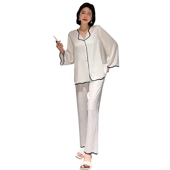 Pižama nustatyti ponios ilgomis rankovėmis Balta rausva spalva Sleepwear Nightgowns miegui plonas ledas šilko oro kondicionavimo kostiumas moteris