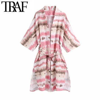 TRAF Moterų Mados Su Diržo tie Dažai Prarasti Kimono Palaidinės Derliaus Trys Ketvirtį Rankovės Pusėje Ritininės Moterų Marškiniai, Elegantiškos Viršų
