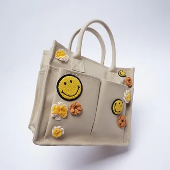 2021 naujas moterų maišas smėlio didelės talpos šypsena piktogramą apdailos drobė, pirkinių krepšys, rankinė, krepšys