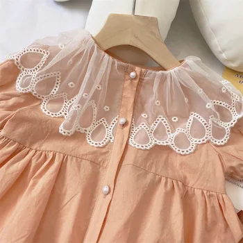 Vaikams Kūdikių Mergaičių Vasaros Suknelės 2021 Korėjos Stiliaus Vaikus Mergina Dress Nėrinių Apykaklę Medvilnės Vienas Gabalas Drabužių Merginos Princesė Frocks