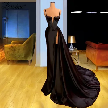 Lowime Juoda Spagečiai Dirželiai Ilgas Vakarines Sukneles 2021 Couture Zawalcowany Dubajus Dizaino Artimųjų Rytų Moterų Plius Šalis Suknelė Prom Dress