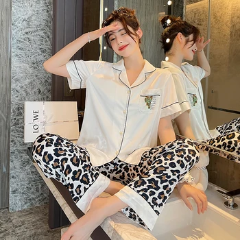 Sleepwear Moterų Pajama Komplektai Naujų Trumpą Vasarą Ledas Plonas Šilko Seksualus Sleepwear Rinkinys Leopardas Grūdų Trumparankoviai Moterų Namų Drabužiai