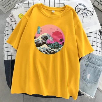 Japonijos Ukiyoe Stiliaus Banga Prekės Ženklo Spausdinti Marškinėlius Moterims Minkštas Negabaritinių Marškinėliai Cartoon O-Kaklo Naujas Viršūnes Modelis Atsitiktinis Moterų Marškinėliai