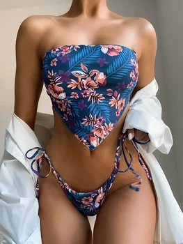 Nauja Seksuali Gėlių Spausdinti Bandeau Bikini 2021 Moterų maudymosi kostiumėlį Moterų maudymosi Kostiumėliai, Dviejų dalių, Bikini nustatyti Micro Thong Maudymosi Kostiumą Plaukti
