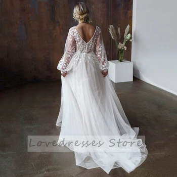 Elegantiškas Vestuvių Suknelės Tiulio Apliques Klostyti V-Kaklo Visą Rankovėmis, Kuriems Mygtuką Kamuolys Vestuvinės Suknelės Novia Padaryti 2021 Naujas Šalis