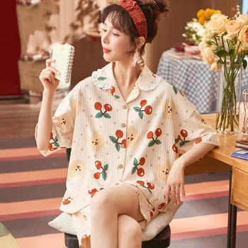 Japonijos Pižama Moterims Vasaros Medvilnės Pižamos Vyšnių Spausdinimo Kawaii Pijamas Plius Dydis Sleepwear Mielas Dviejų dalių Rinkiniai Namų Drabužiai