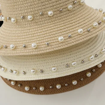 Naujų pavasario ir vasaros moters saulės, saulės, skrybėlę vaikų bowknot šiaudų skrybėlę pearl beach skrybėlę traw skrybėlę moterų, tėvų ir vaikų skrybėlę