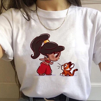 Tigras ir Princesė Jasmine Kawaii Harajuku Marškinėliai Moterims Mielas Anime T-shirt Funny Cartoon Grafika Marškinėlius Mados Viršuje, Trišakiai Moteris
