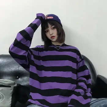 Moterų Marškinėliai Raudonos Dryžuotos Viršūnes Harajuku Ilgomis Rankovėmis Korėjos Stilių Gothic Punk 5 Spalvų Drabužiai Laisvi Medvilnės