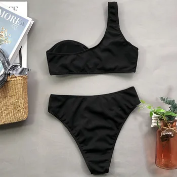 Vienos Pečių Bikini Moterų maudymosi kostiumėlį Aukšto Juosmens Maudymosi kostiumai Seksualus Žiedai Biquini Juoda Briaunoti Paplūdimio 2021 M. Brazilijos Bikini