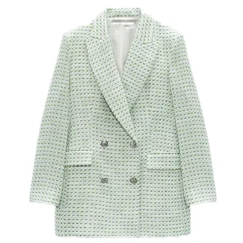 ZA 2021 m. pavasarį naujas, šviesiai žalios pledas tekstūros užimantys temperamentas prigludę laisvalaikio kostiumas kailio moteriški drabužiai