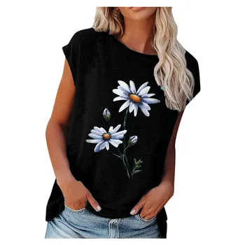 2021 vasaros moterų palaidinė gėlių spausdinimo raundo kaklo trumparankoviai laisvi marškinėliai, laisvalaikio drabužiai plius dydis 3XL