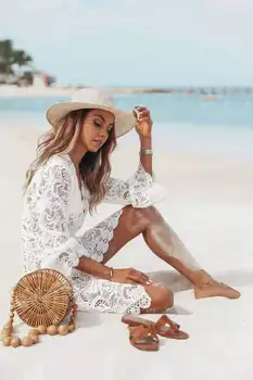 2020 Naujas Vasaros Paplūdimio Suknelė Bikini Padengti Ups Nėrinių Gėlių Moterų Nėrimo Seksualus Tunikas Atsitiktinis Trumpas Baltas Beachwears Giliai V Kaklo Karšto
