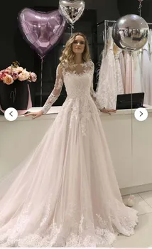 2021 Klasikinis Dizainas Iliuzija, O Kaklo Appliqued Nėrinių Ilgomis Rankovėmis Linijos, Grindų Ilgis Vestuvių Suknelės