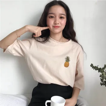 Korėjos Mados marškinėliai, Drabužiai Moterims, Negabaritinių Ananasų Siuvinėjimo Juokingi Marškinėliai Pusė Rankovės O-kaklo Prarasti Viršūnes 2021