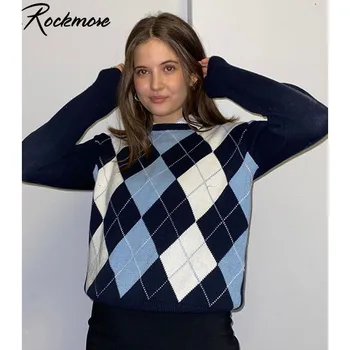 Rockmore Argyle Pledas Moterų ilgomis Rankovėmis Megztiniai Plius Dydis Preppy Stilius Languotas Cardigan Streetwear Estetinės Ponios Megztinis