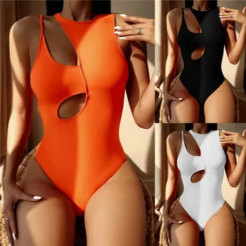CHRONSTYLE Seksuali Moteris Off Peties vientisas maudymosi kostiumėlis 2021 Rankovių Tuščiaviduriai Iš vientisos Spalvos Bodysuit Kamšalu Plaukimo Paplūdimio