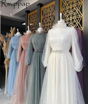Dramblio kaulo Tiulio-line ilgomis Rankovėmis, Vakaro Suknelės 2021 Nuostabiu Perlų Juosta Aukšto Kaklo Musulmonų Dubajaus Moterų Oficialų Vakare Chalatai