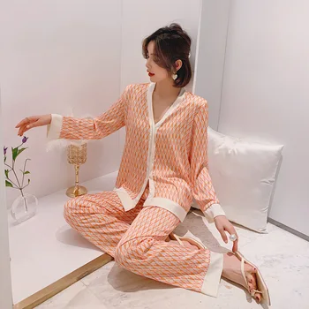 Pavasarį Naujas Prabangus Stilius Moterų Pižama Nustatyti 2021 Mados Spausdintos Raidės Laisvalaikio Šilko, Kaip Laisvalaikio Namuose Drabužiai, naktiniai drabužiai Moterims