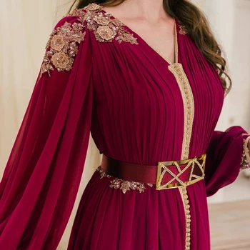 Fuksija V-Kaklo Maroko Caftan Vasaros Suknelė-Line Grindų Ilgis Rankoves Vakaro Suknelės Su Aplikacijos Saudo Arabija Prom Dress