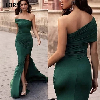 LORIE Tamsiai Žalios spalvos Klostuotas Satino Vakaro Suknelės 2021 Vieną Petį Undinė Pusės Split Paprasta, Vestidos De Fiesta Prom Šalies Chalatai
