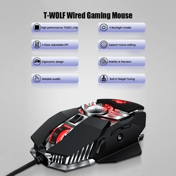 T-WOLF Laidinio Žaidimų Pelės V10 Ergonomiškas Programuojami Pelės su 7 Mygtukai, 4 ekrano Apšvietimo Režimai iki 6400 DPI PC Žaidimų Klaviatūra