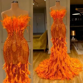 Plunksnų Orange Undinė Prom Dresses Su Stebėjimo Blizgučiais Sparkle Undinė Vakare Chalatai chalatai de soirée Red Carpet Dress