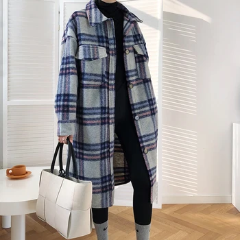 Moterų Žiemos Vilnoniai Paltai 2020 Metų Moteris Pledas Spausdinti Retro Šiltas, Storas, Ilgas Švarkas Outercoats Korėjos Stiliaus Outwear K6