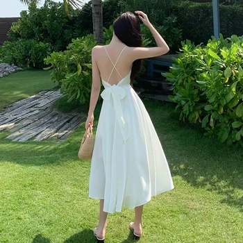 Vasaros 2021 Kilimo Ir Tūpimo Tako Elegantiškas Atostogų Vakarėlis Suknelė Backless Atogrąžų Korėjos Paplūdimio Sundress Ilgą Baltą Satino Moterų Slydimo Suknelė