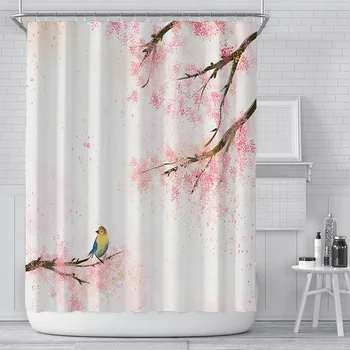 Pink Cherry Blossom Persikų Žiedų Dušo Užuolaidos Baltame Fone Mergina Vonios Vandeniui Poliesterio Audinio Ekranas Su Kabliukais Rinkinys