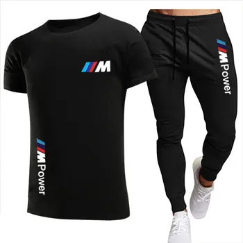 2021 naują BMW mados atsitiktinis sportinę vasarą letter spausdinimo kostiumas vyriški bėgimo sporto drabužiai, vyriški T-shirt + plonas kelnes 2-pi