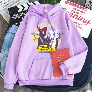 Mergina animacinių filmų luna katė spausdinti hoodie prarasti long hoodie violetinis megztinis Japonijos ins tendencija atsitiktinis pora sportiniai marškinėliai tendencija drabužiai