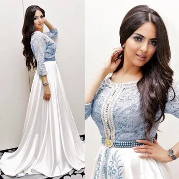 Elegantiška mėlynos ir baltos vakarinės Suknelės 2020 ilgomis Rankovėmis Promenadzie Suknelė Dubajus Marokas Vakare Chalatai chalatas de soiree vestidos de fiesta