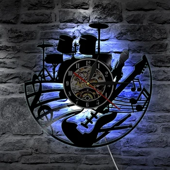 Senovinių Muzikos Tema, LED Apšvietimas, Būgnai, Gitara Vinilo Įrašas Sieninis Laikrodis Šiuolaikinio Namų dekoro Dovana Muzikos Mylėtojas