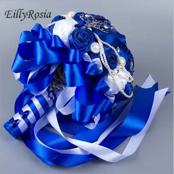 EillyRosia Royal Mėlyna Sagė Puokštė Bridesmaid, Šilko Gėlės, Dirbtiniai Balti Perlai Jewelrys Vestuvių Puokštė Bleu Už Nuotaka