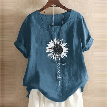 Moterų Saulėgrąžų Spausdinti Atsitiktinis Marškinėliai trumpomis Rankovėmis O-kaklo Palaidinė Mados Viršūnes