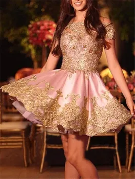 Rožinė Homecoming Suknelės Trumpas 2020 m. su Aukso Nėrinių Off Peties Mini Baigimo Suknelė Paaugliams Oficialų Prom Šalis, Chalatai Pigiai